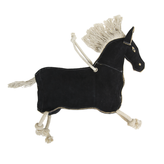 Black horse-shaped toy with braided mane and tail on a white background
