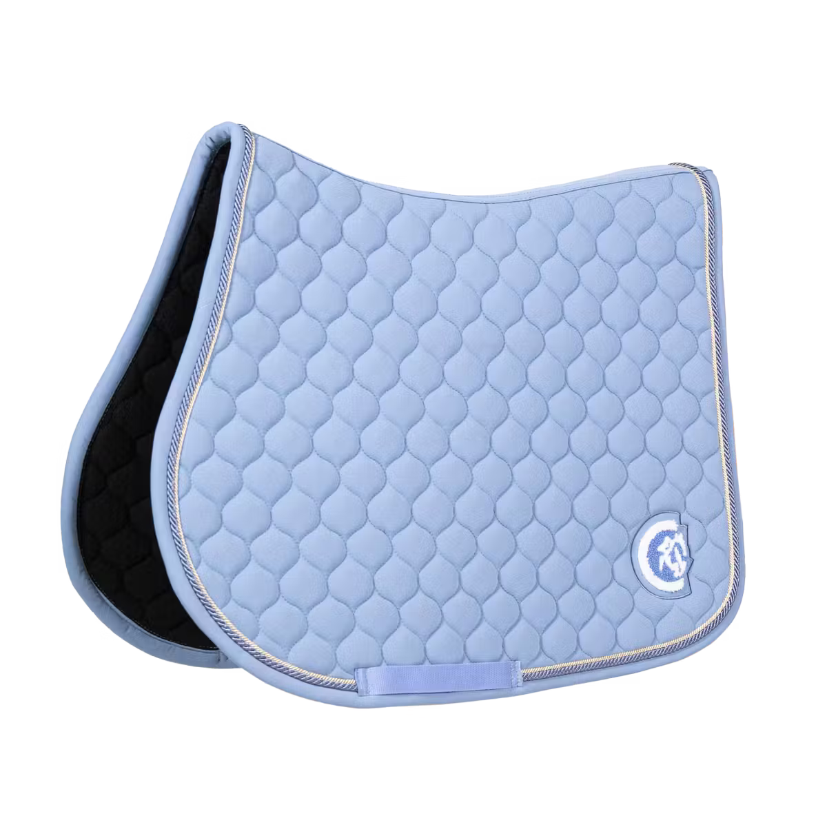 Light blue quilted saddle pad with a logo on a white background