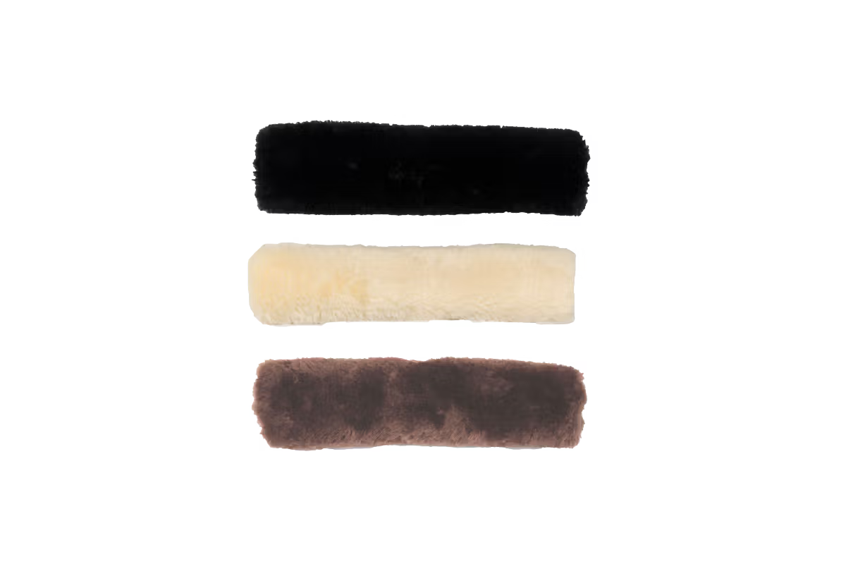 Three rectangular noseband cover in black, white, and brown on a transparent background