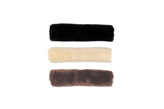 Three rectangular noseband cover in black, white, and brown on a transparent background