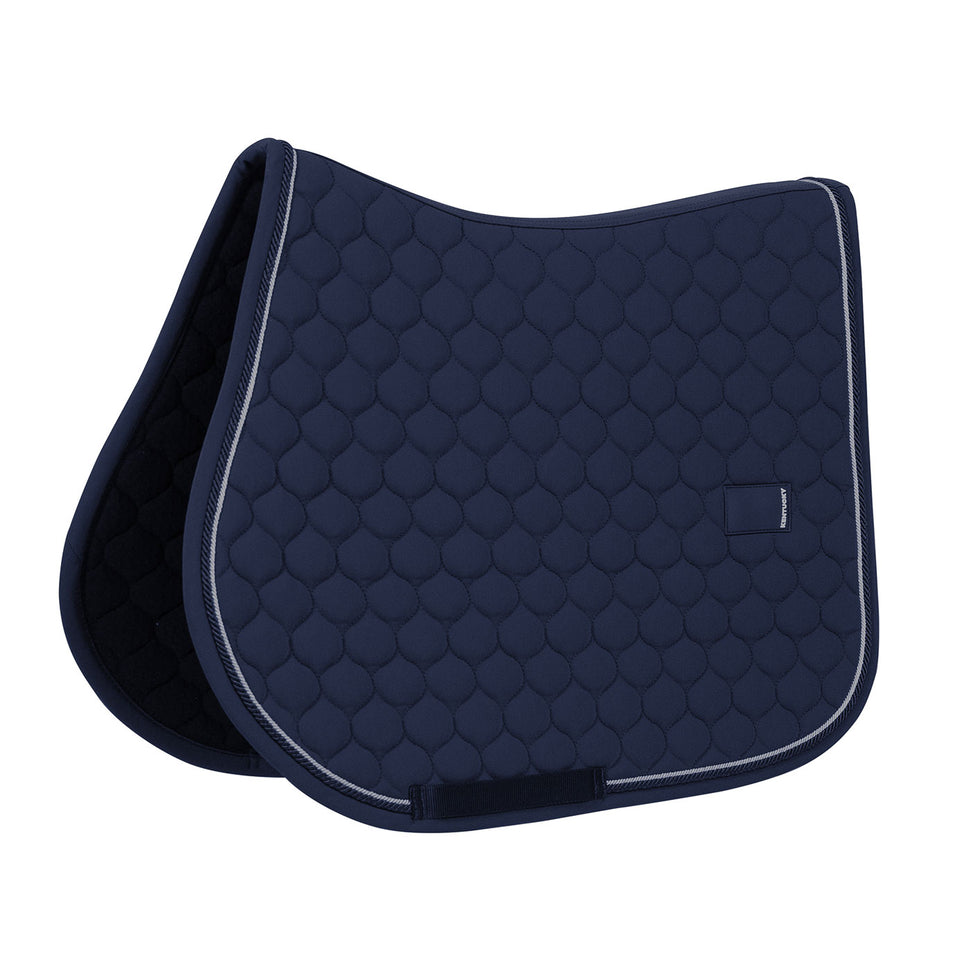 Navy blue quilted saddle pad with white piping on a white background