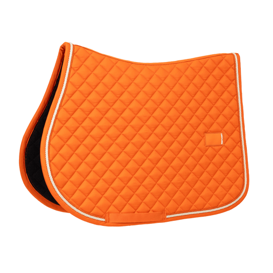 orange saddle pad with white trim on a transparent background