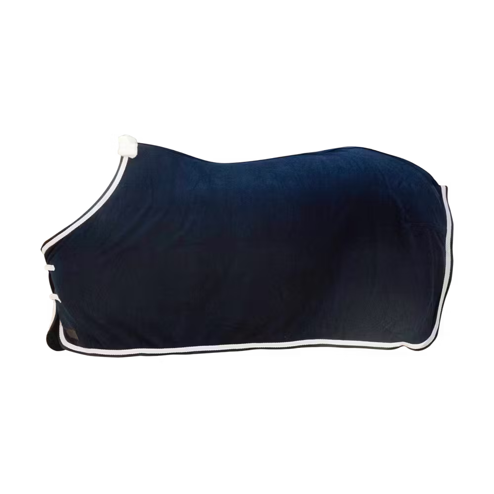 Navy blue horse blanket with white trim on a transparent background