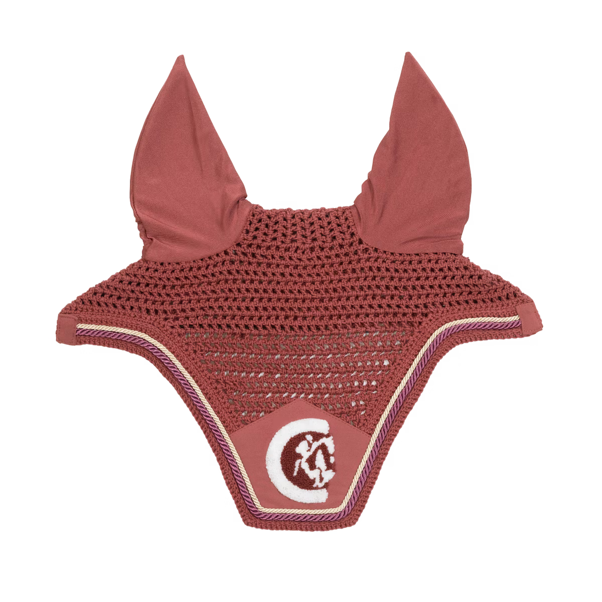 Red ear bonnet with a logo on a white background