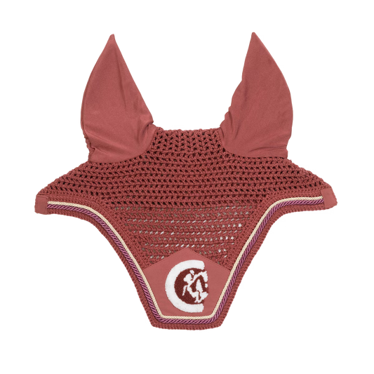 Red ear bonnet with a logo on a white background