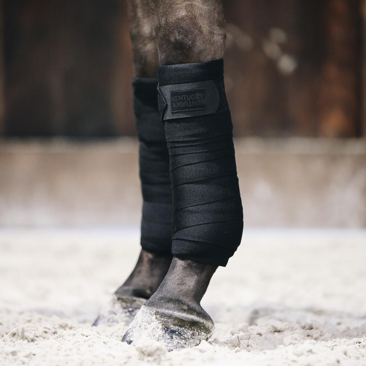 Black protective leg wraps on a horse's leg with a blurred background