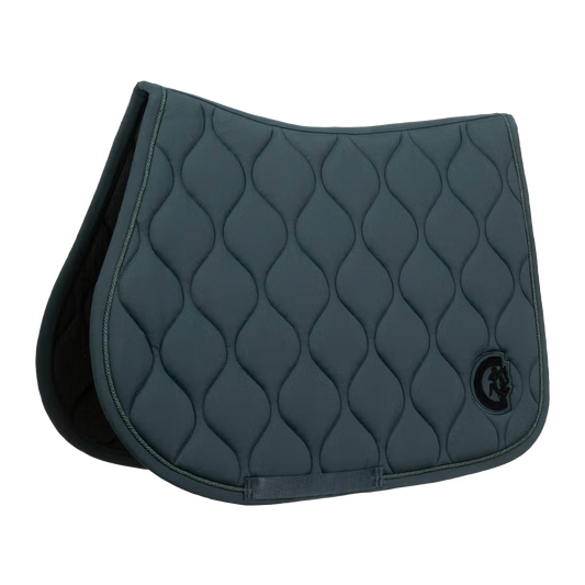 Dark green saddle pad with wavy pattern on a white background