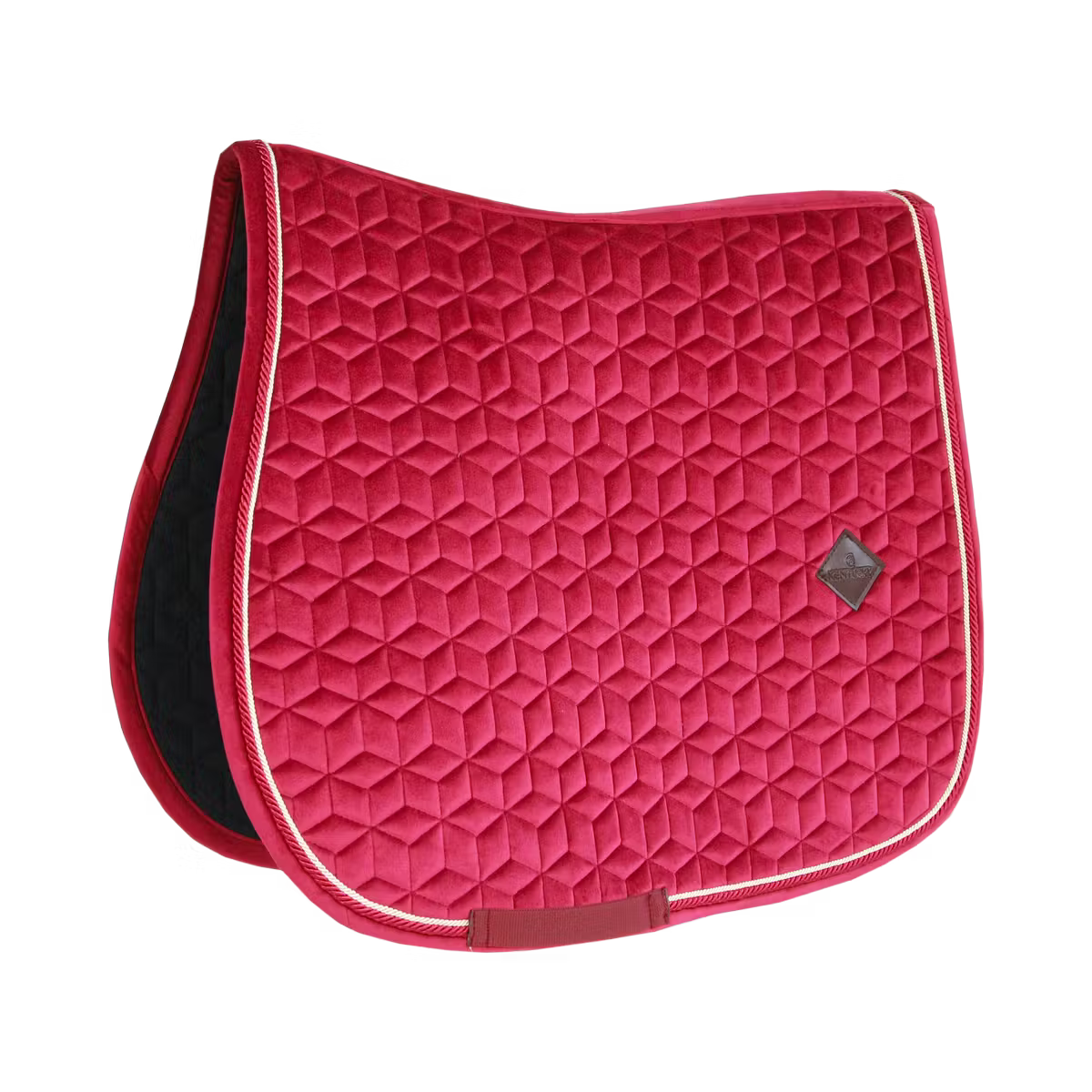 Red quilted saddle pad with a diamond pattern on a white background