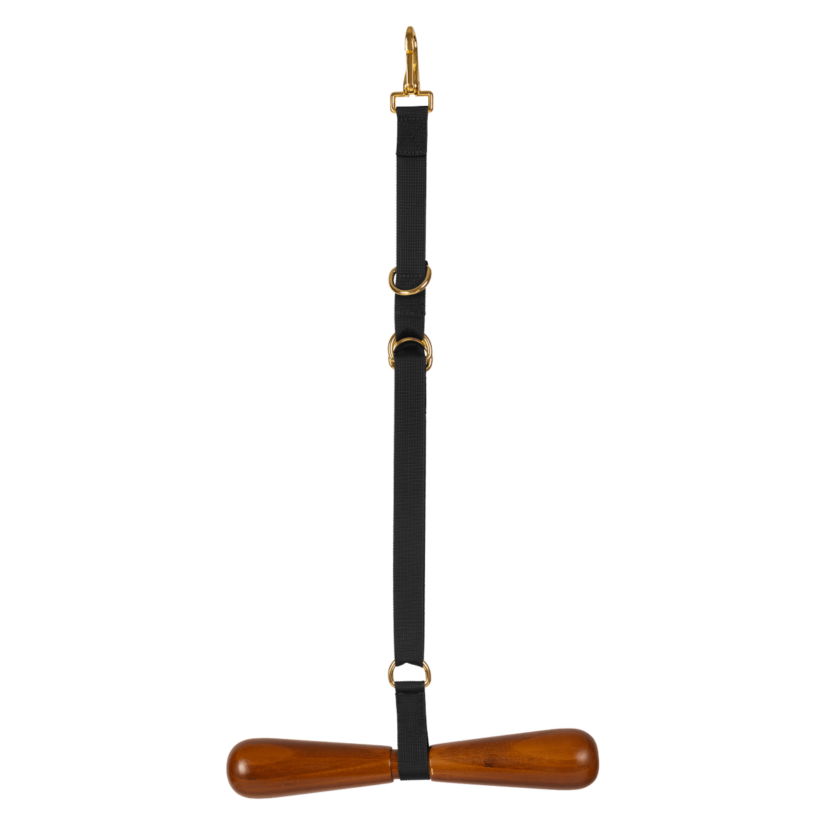 A black leather strap with a wooden T-shaped handle and gold-tone metal hardware, shown against a plain white background.