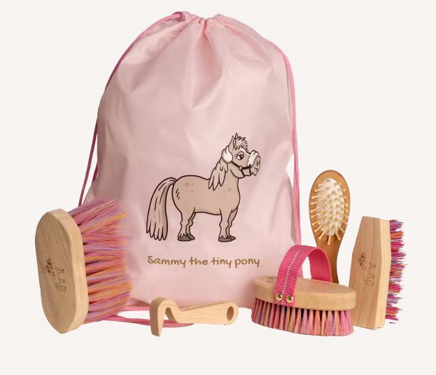 Set of horse grooming tools with a pink drawstring bag featuring a horse illustration on a white background.