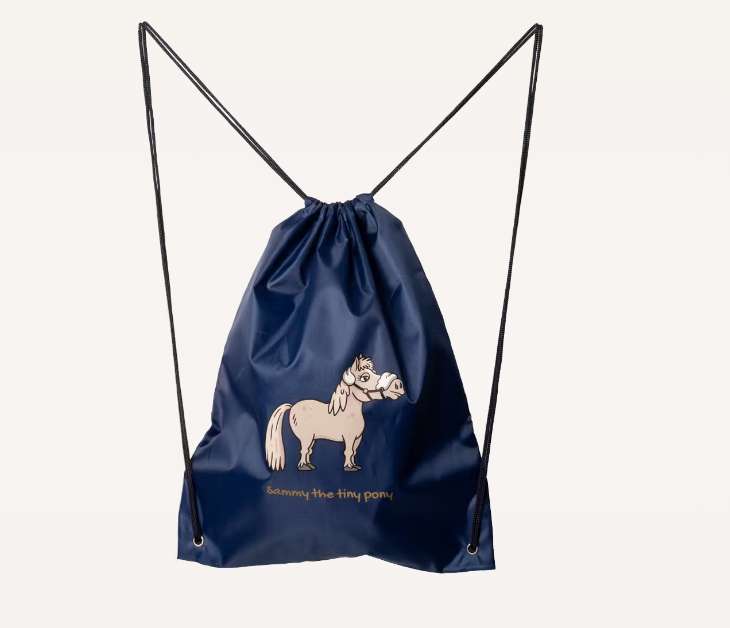 Navy drawstring bag with horse illustration on a white background