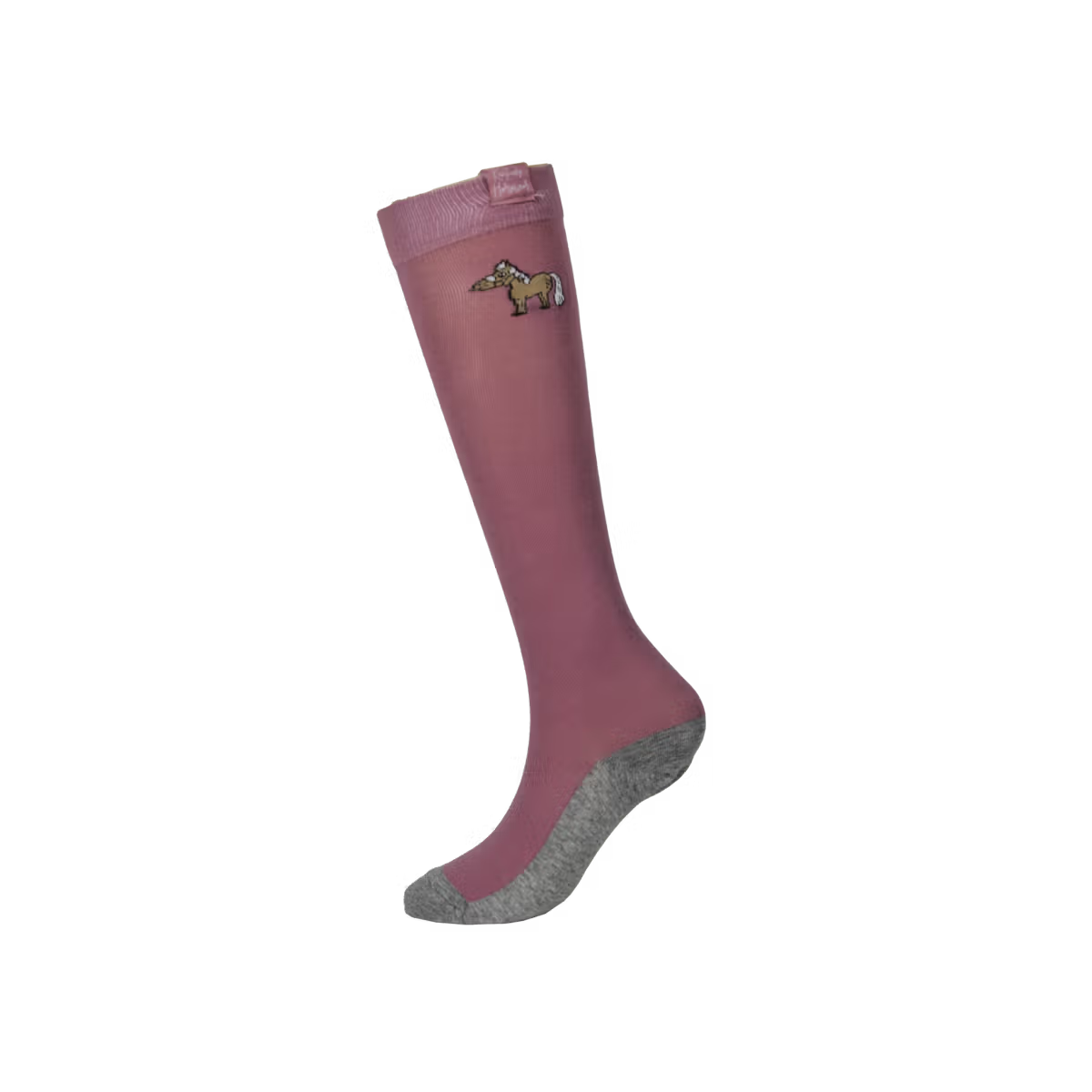 Pink knee-high sock with gray sole on a white background