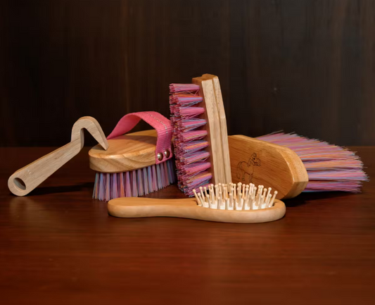 Set of grooming brushes on a wooden surface with a dark background