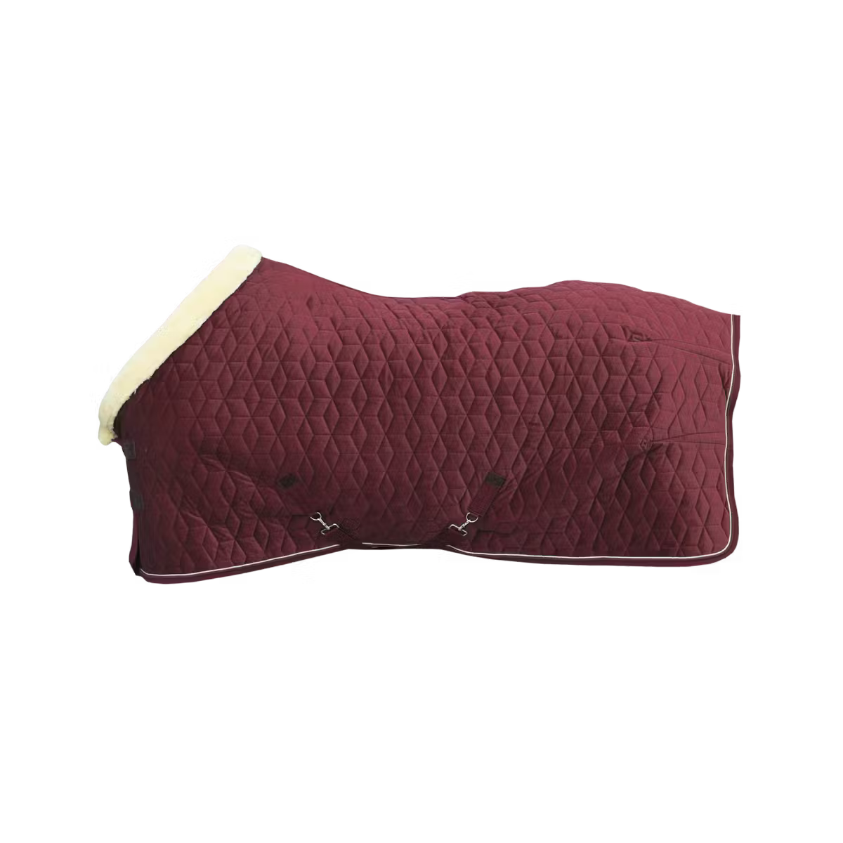 Maroon quilted horse blanket with white fur trim on a black background