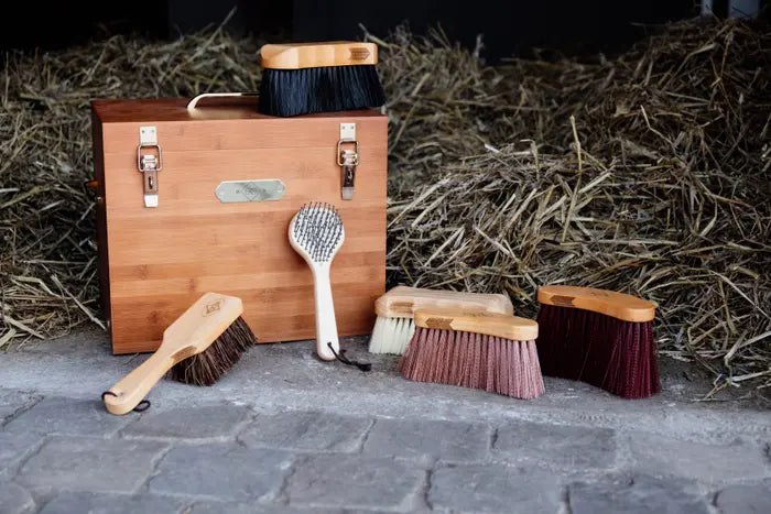 A deluxe stable grooming box made of bamboo, featuring multiple compartments and gold snap closure, with a white background.