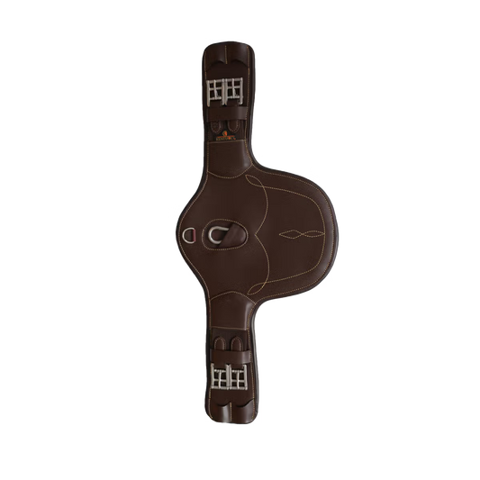 Brown leather gun holster with brand logo on a white background