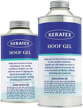 Two containers of Keratex Hoof Gel with blue labels and white text.
