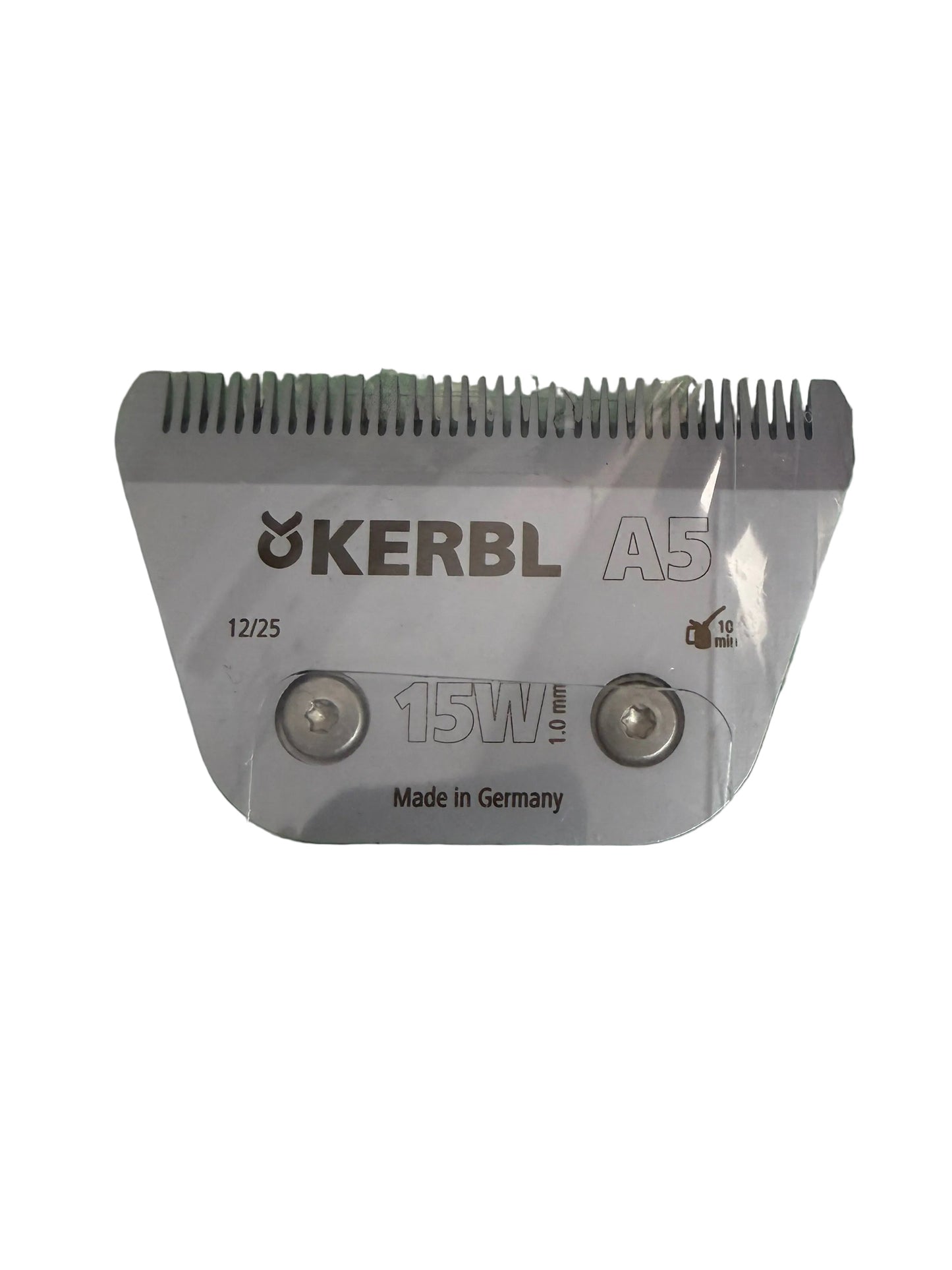 A Kerbl A5 12/25 15W electric hedge trimmer blade in its clear plastic packaging, placed on a green and white polka dot surface.