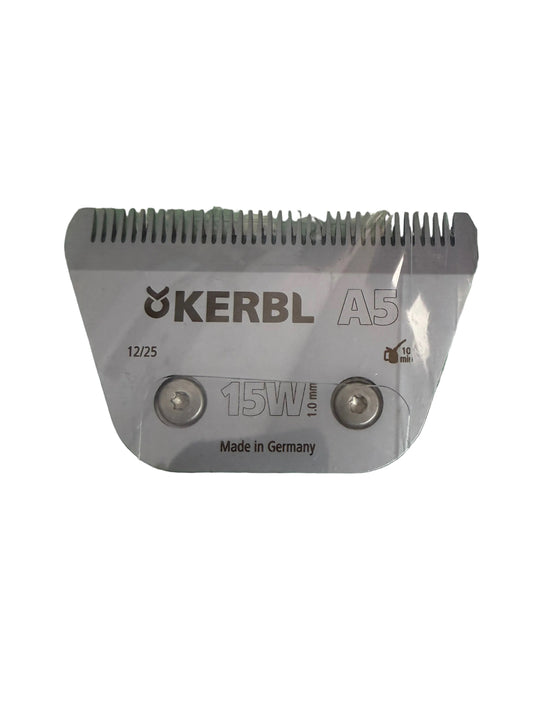 A Kerbl A5 12/25 15W electric hedge trimmer blade in its clear plastic packaging, placed on a green and white polka dot surface.
