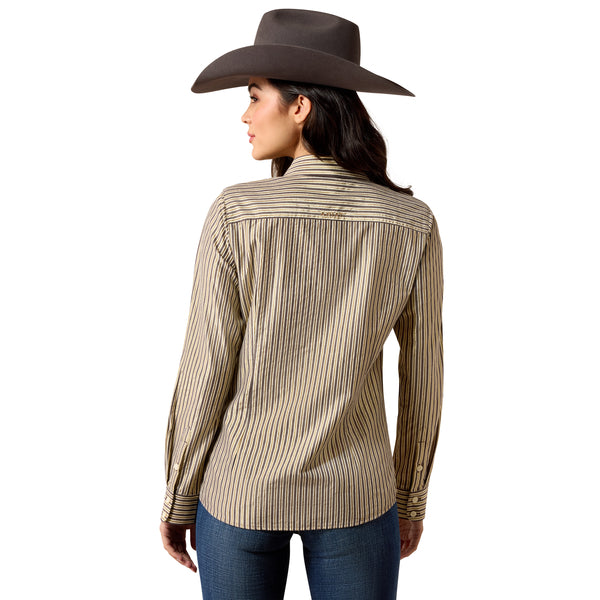 A woman shown from the back wearing a brown wide-brim cowboy hat, a beige and brown vertically striped western long-sleeve shirt, and blue jeans against a plain white background.