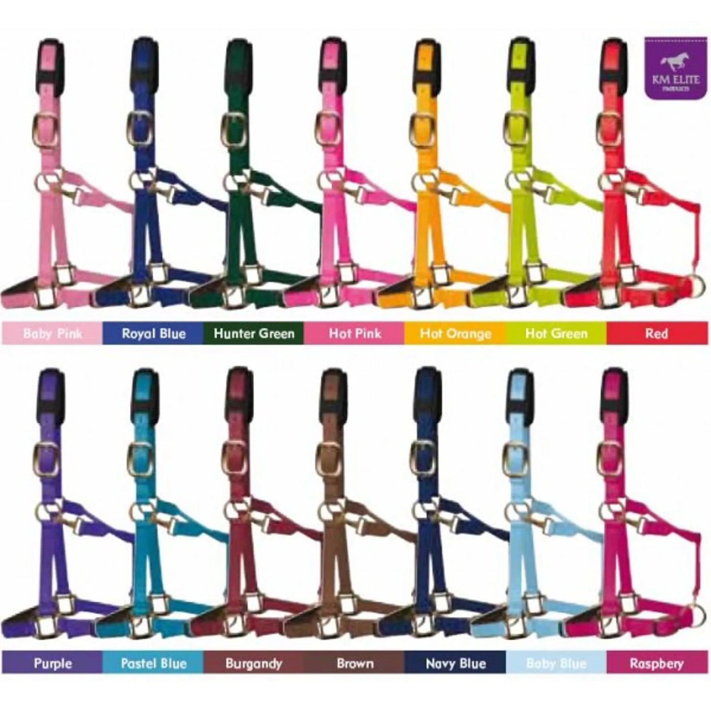 A catalog display of horse halter neckties shown in multiple colors, arranged in two rows on a white background with color labels underneath each style.