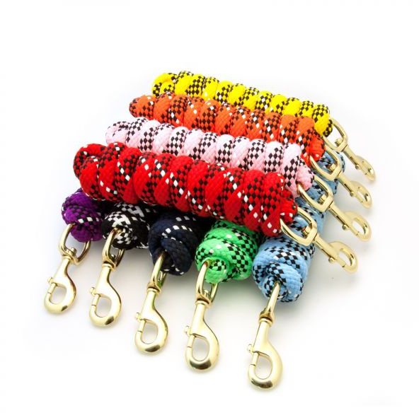 nine colorful braided rope keychains with gold-tone lobster clamps, arranged in a fan shape on a white background.
