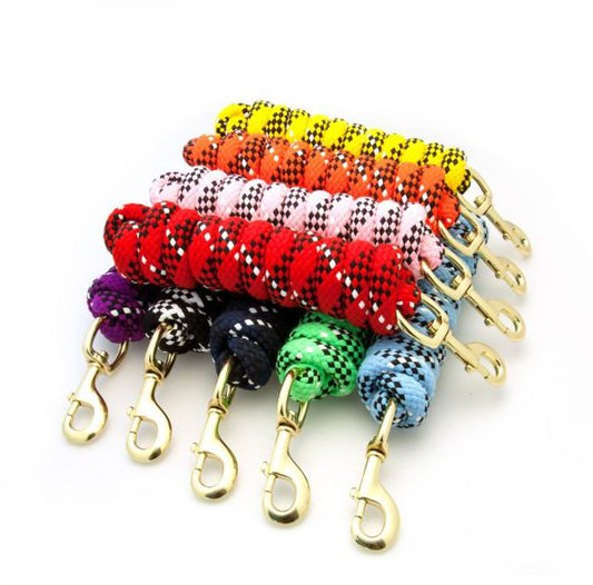 nine colorful braided rope keychains with gold-tone lobster clamps, arranged in a fan shape on a white background.
