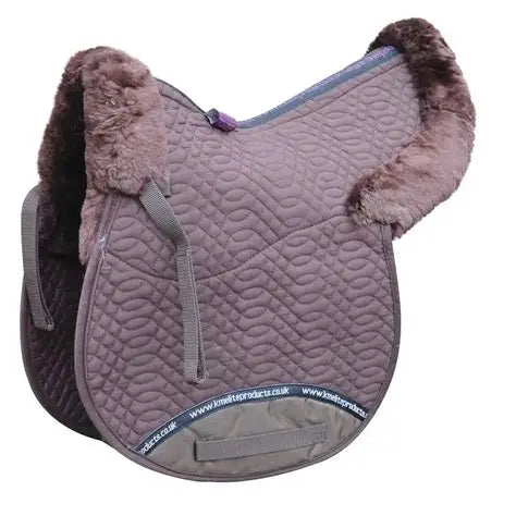 A quilted equestrian saddle pad in a dusty mauve-purple color with dark brown faux-fur trim along the sides, shown on a plain white background.