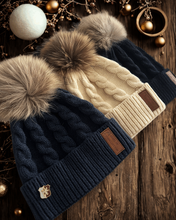 Three knit hats with pom-poms on a wooden surface with Christmas decorations.