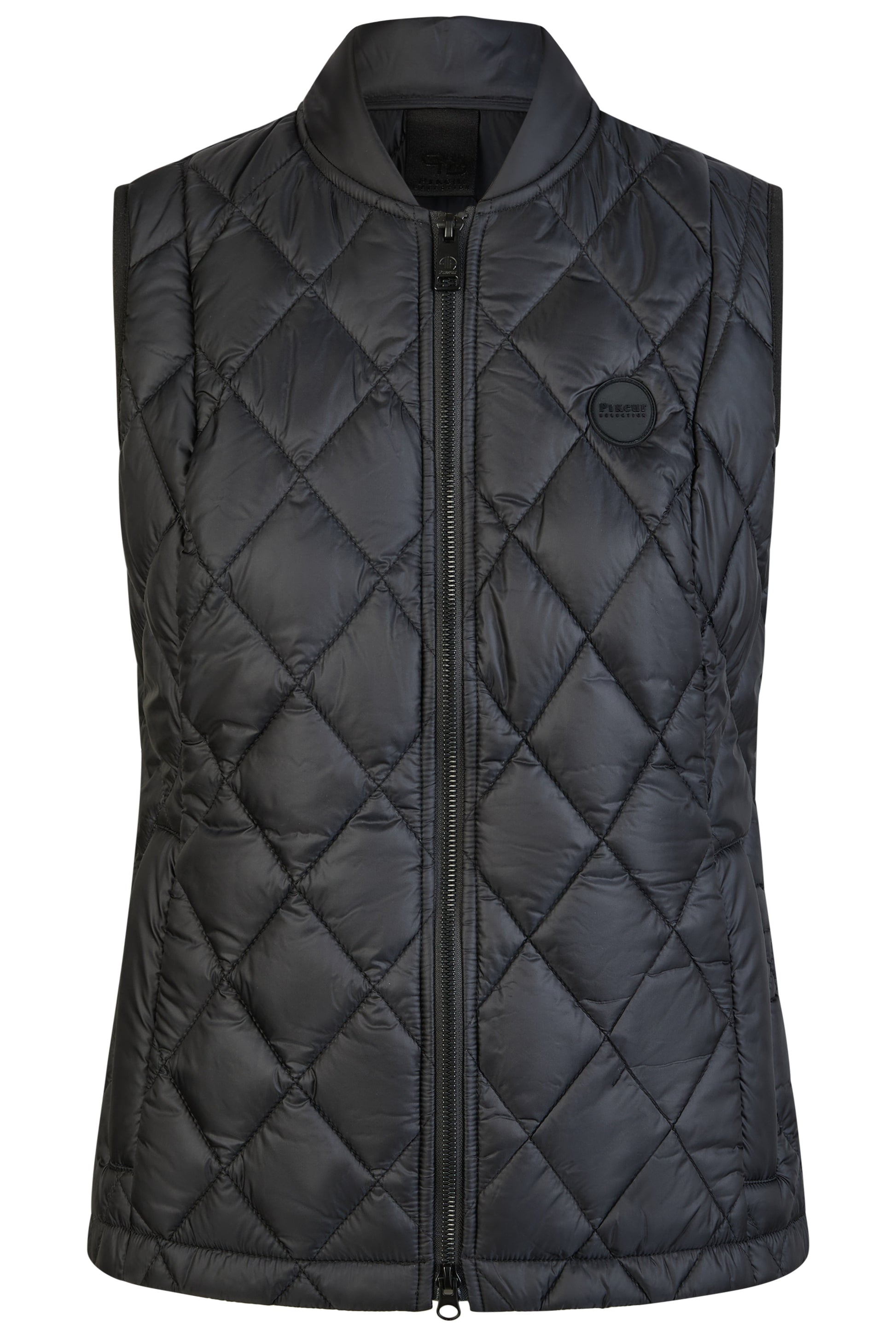 Black quilted vest on a white background