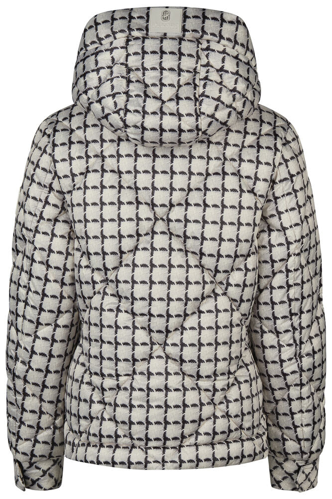 A hooded puffer jacket with a black and white geometric pattern, shown from the back against a plain white background.