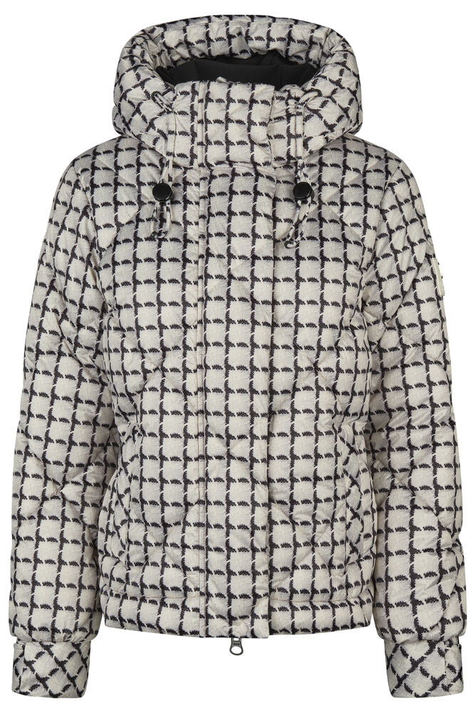 A hooded puffer jacket with a black and off-white geometric pattern, featuring a front zipper, drawstring hood, and zippered pockets.