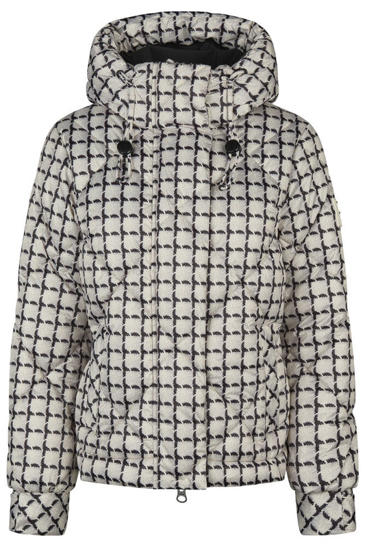 A hooded puffer jacket with a black and off-white geometric pattern, featuring a front zipper, drawstring hood, and zippered pockets.