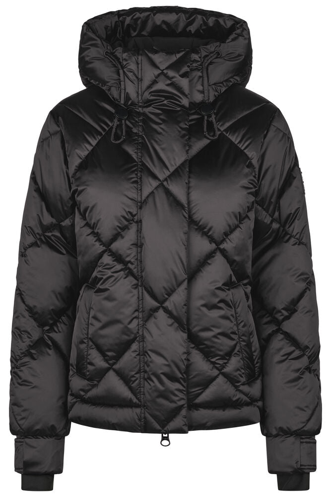 A black quilted puffer jacket with a diamond pattern, featuring a hood, front zipper, and ribbed cuffs, shown against a plain white background.