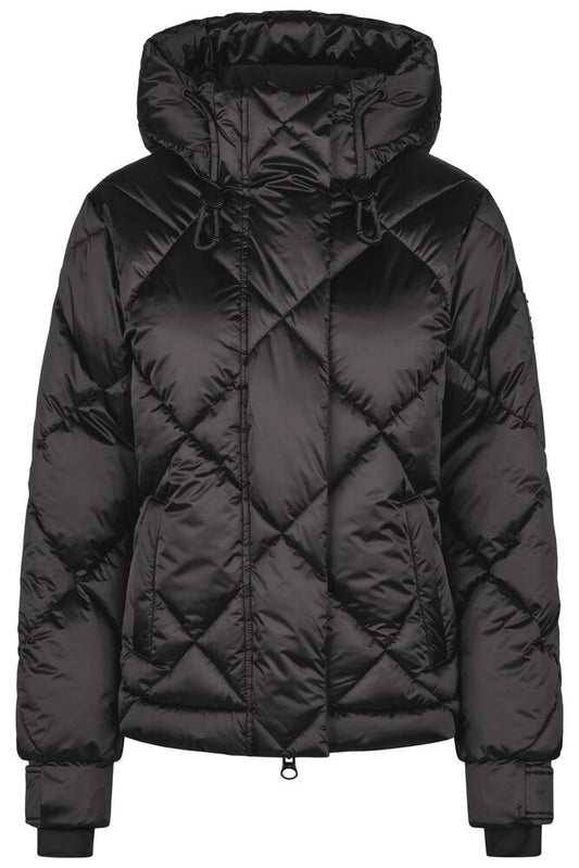 A black quilted puffer jacket with a diamond pattern, featuring a hood, front zipper, and ribbed cuffs, shown against a plain white background.