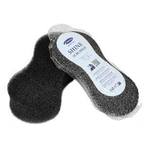 Black shoe polish pads with a labeled container on a white background