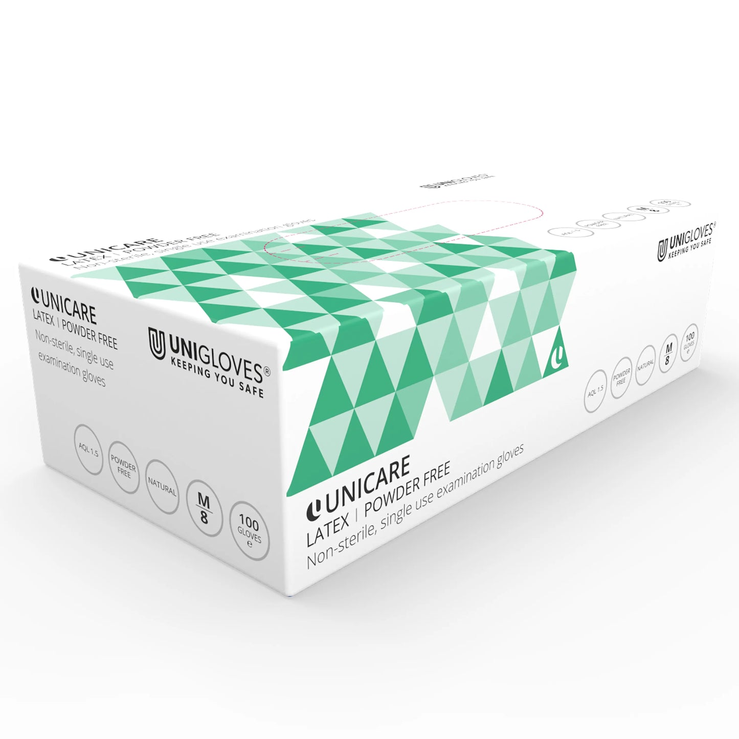 Box of Unicare latex gloves with green and white design on a white background
