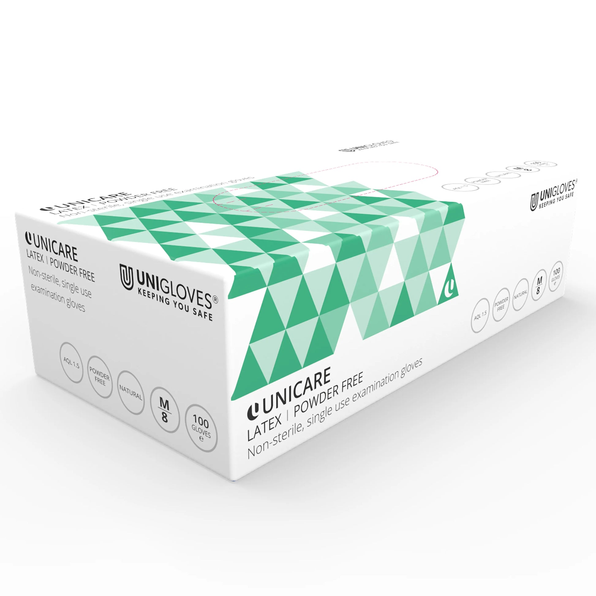 Box of Unicare latex gloves with green and white design on a white background