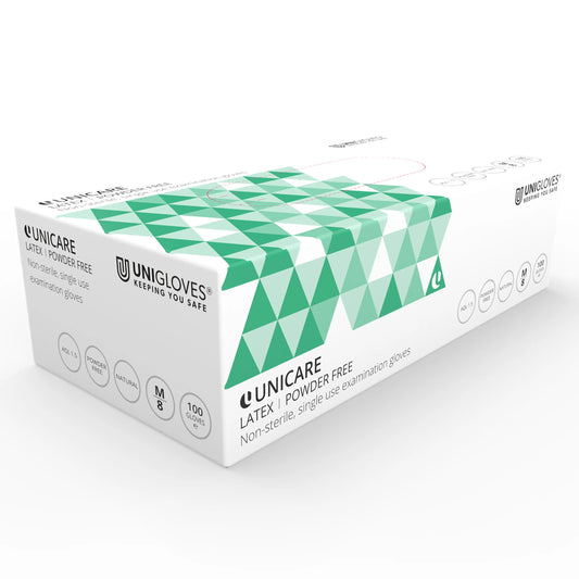 Box of Unicare latex gloves with green and white design on a white background
