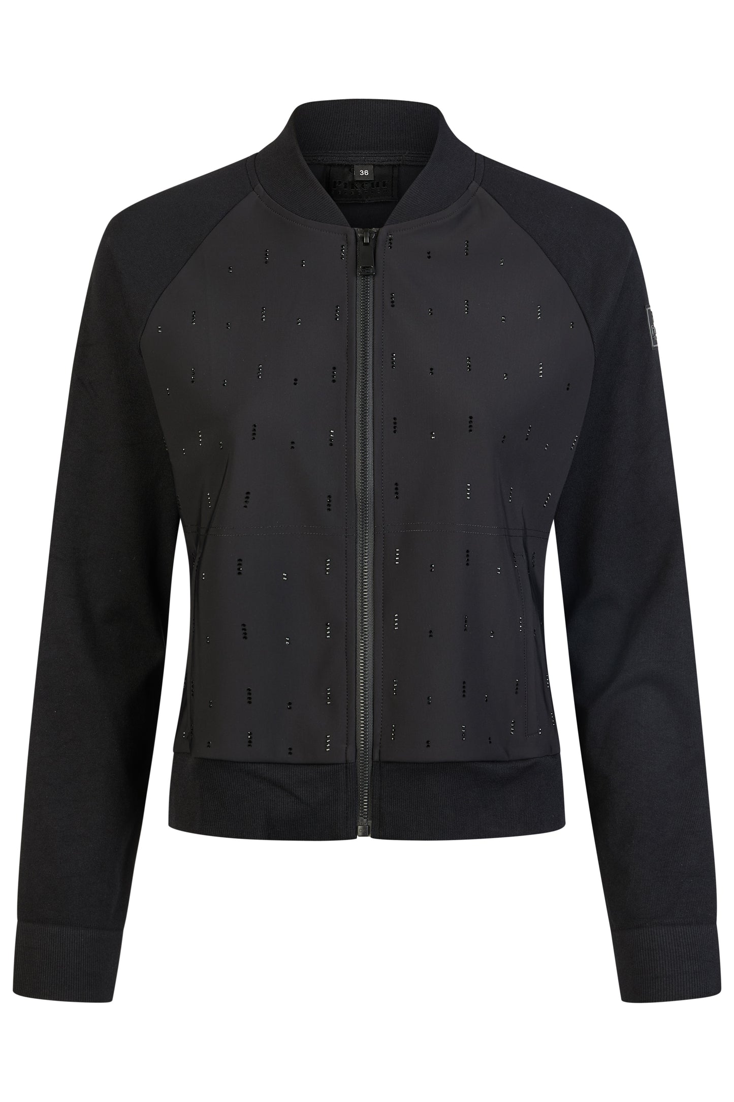 Black bomber jacket with subtle pattern on a white background