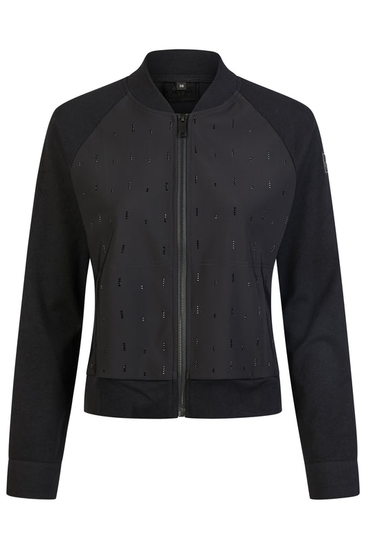 Black bomber jacket with subtle pattern on a white background