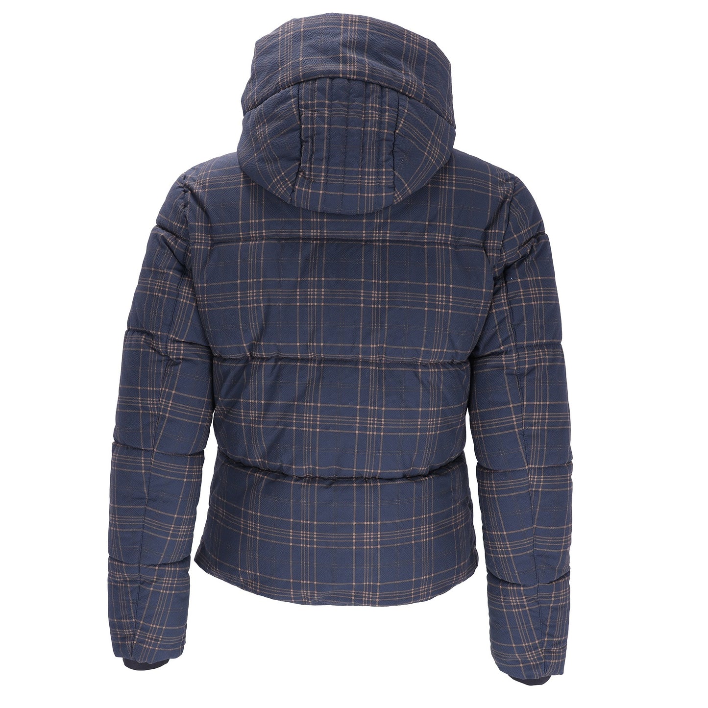 A navy blue hooded puffer jacket with a tan and light blue plaid pattern, shown from the back on a white background.