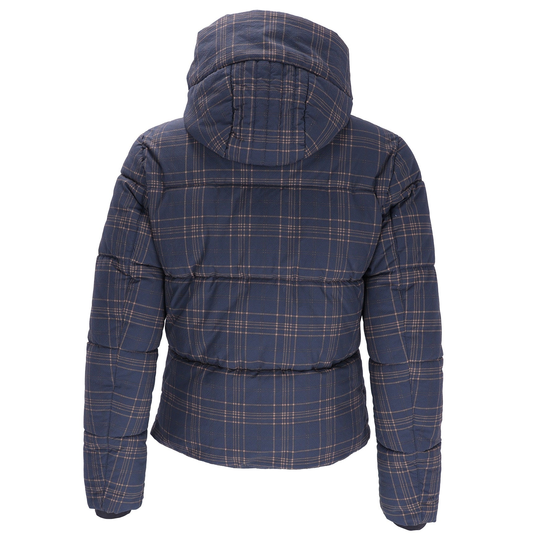 A navy blue hooded puffer jacket with a tan and light blue plaid pattern, shown from the back on a white background.