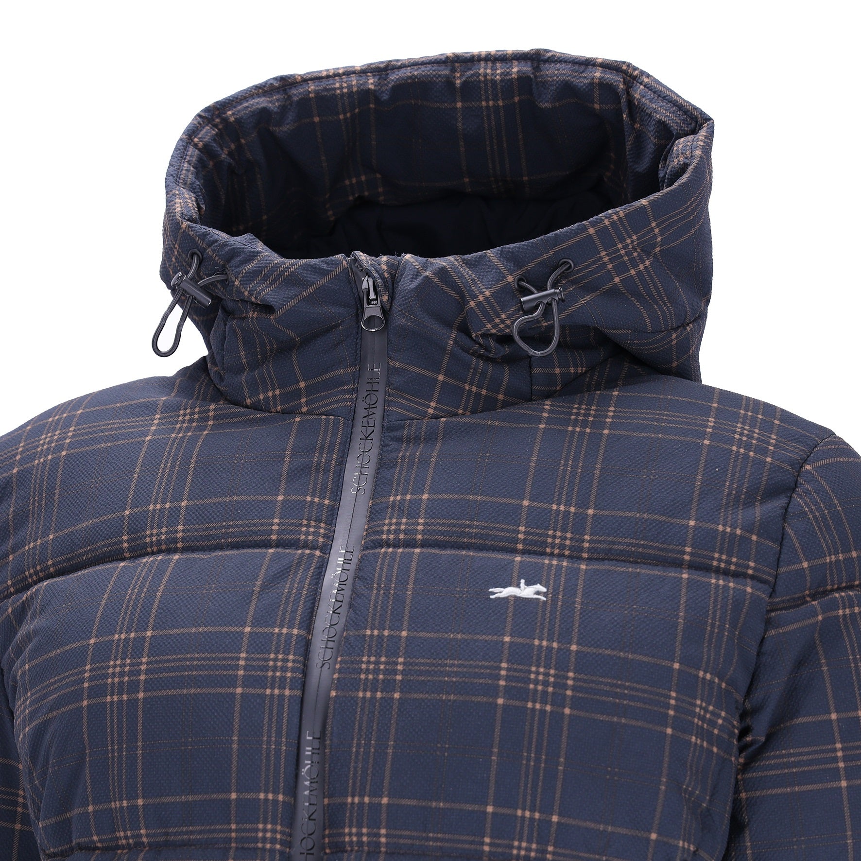 A close-up of a navy blue puffer jacket with a tan and white plaid pattern, featuring a high collar, front zipper, and a small white horse logo on the chest.