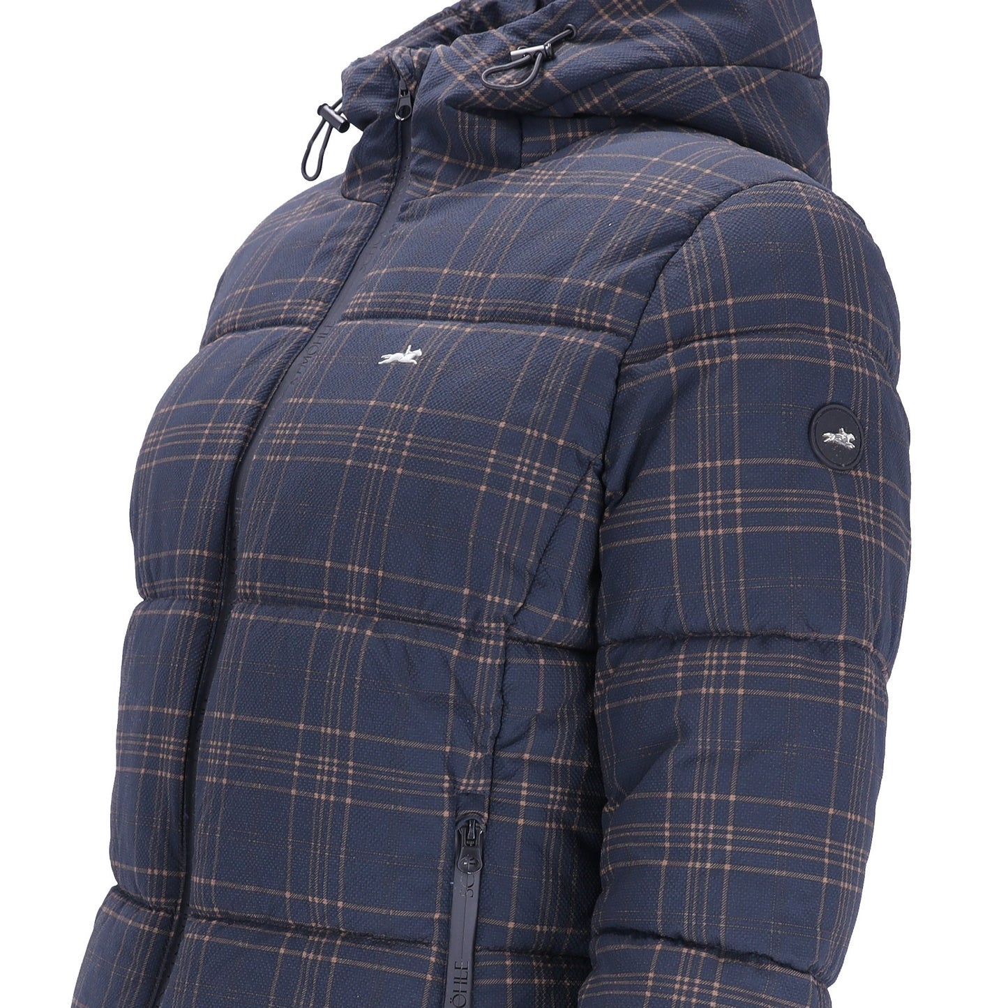 A close-up side view of a hooded puffer jacket in navy blue with a tan and white plaid pattern, featuring a zippered front and a small white logo on the chest.