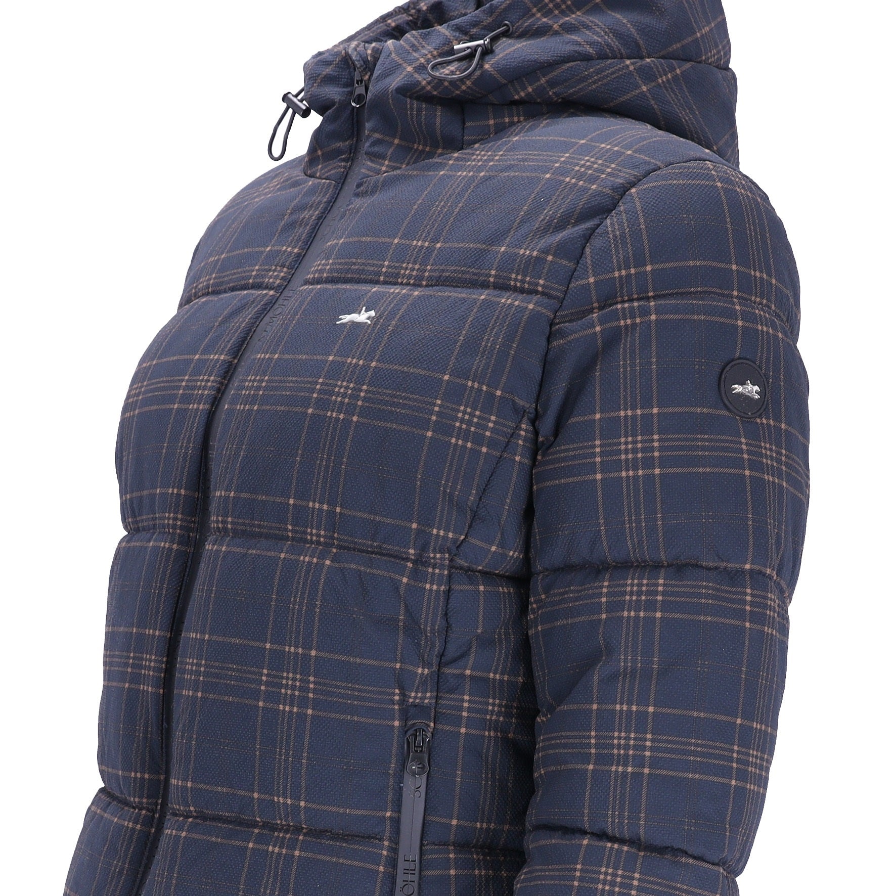 A close-up side view of a hooded puffer jacket in navy blue with a tan and white plaid pattern, featuring a zippered front and a small white logo on the chest.