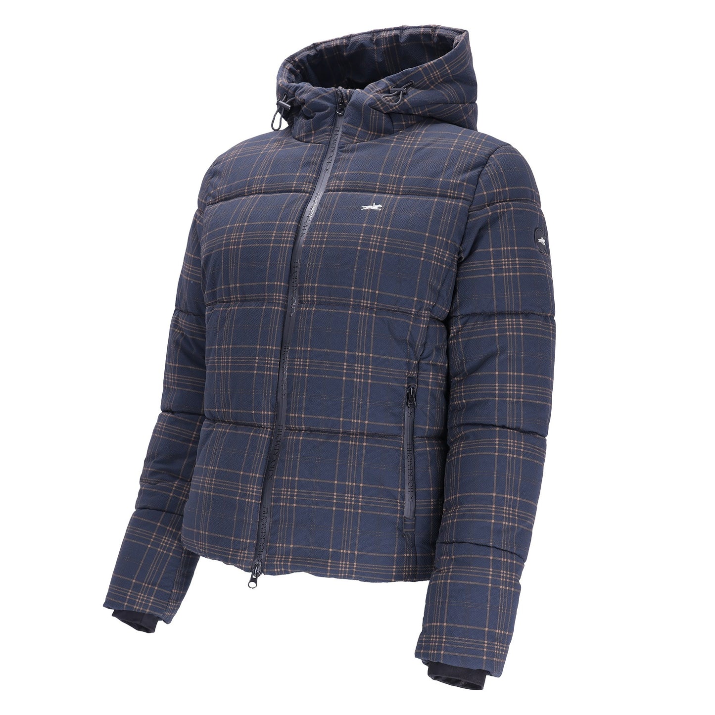 A hooded puffer jacket in navy blue with a tan and white plaid pattern, shown on a solid white background.