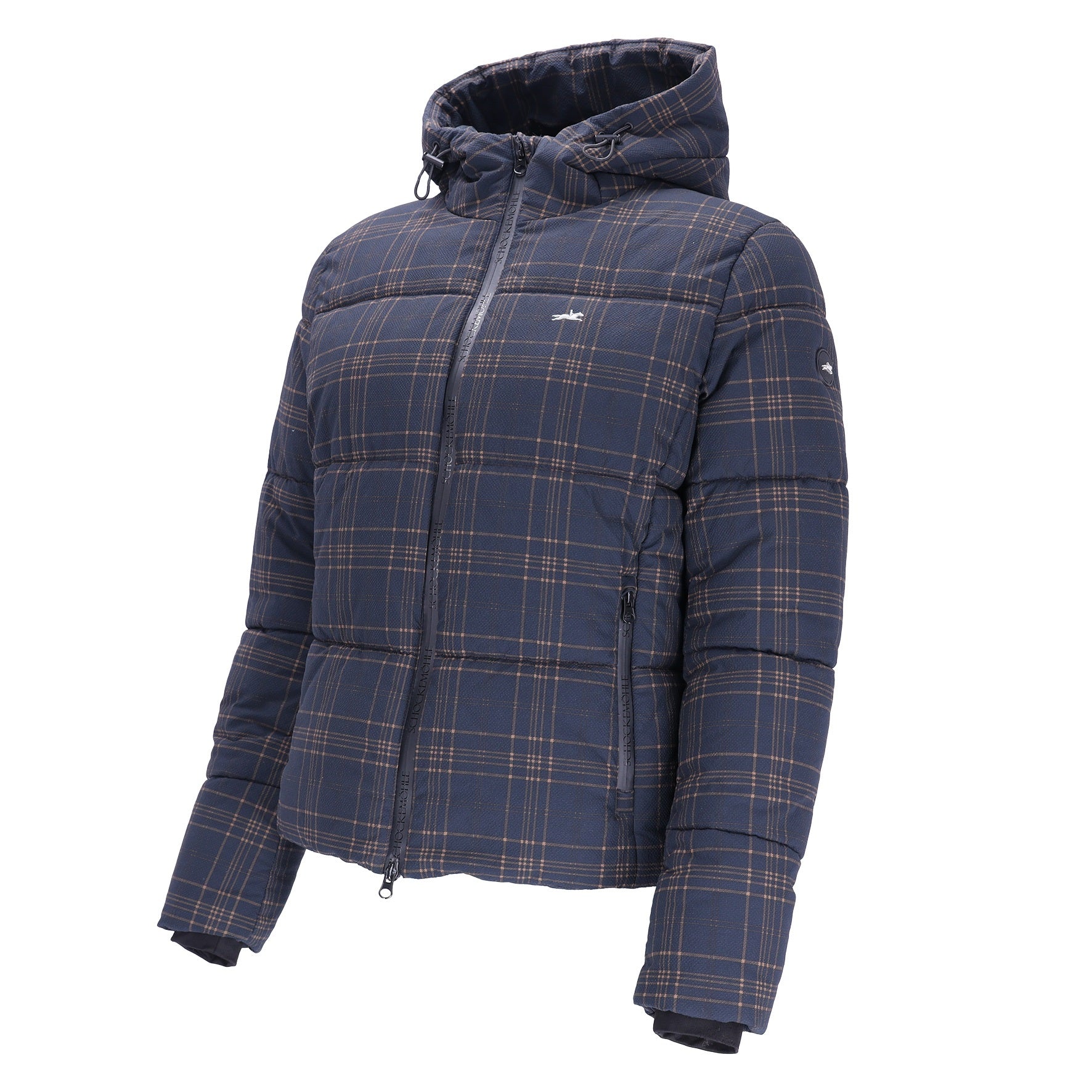 A hooded puffer jacket in navy blue with a tan and white plaid pattern, shown on a solid white background.
