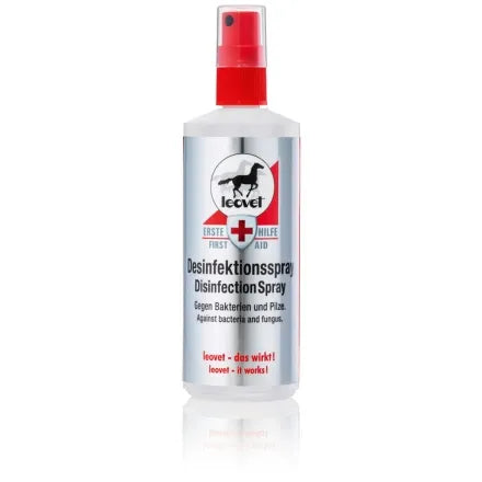 A bottle of Leoveet disinfection spray with a red spray top and a white/silver bottle, shown on a clean white background with a reflection.