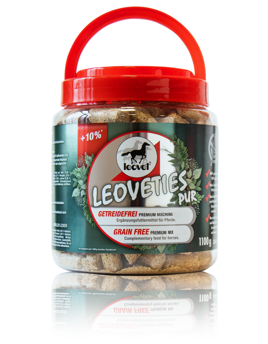 Tub of Leovet grain free horse treats on a white background
